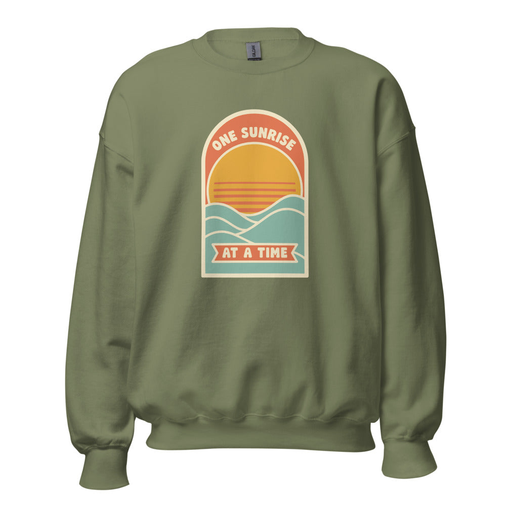 One Sunrise at a Time retro sunrise crewneck sweatshirt — Military Green, front