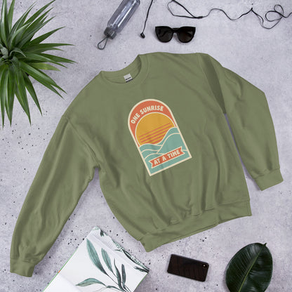 One Sunrise at a Time retro sunrise crewneck sweatshirt — Military Green, front-right