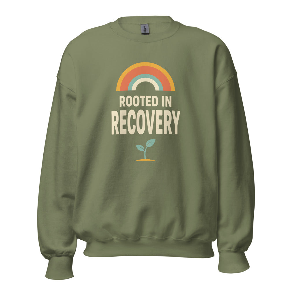 Rooted in Recovery retro rainbow crewneck sweatshirt — Military Green, front