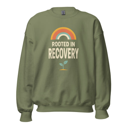 Rooted in Recovery retro rainbow crewneck sweatshirt — Military Green, front