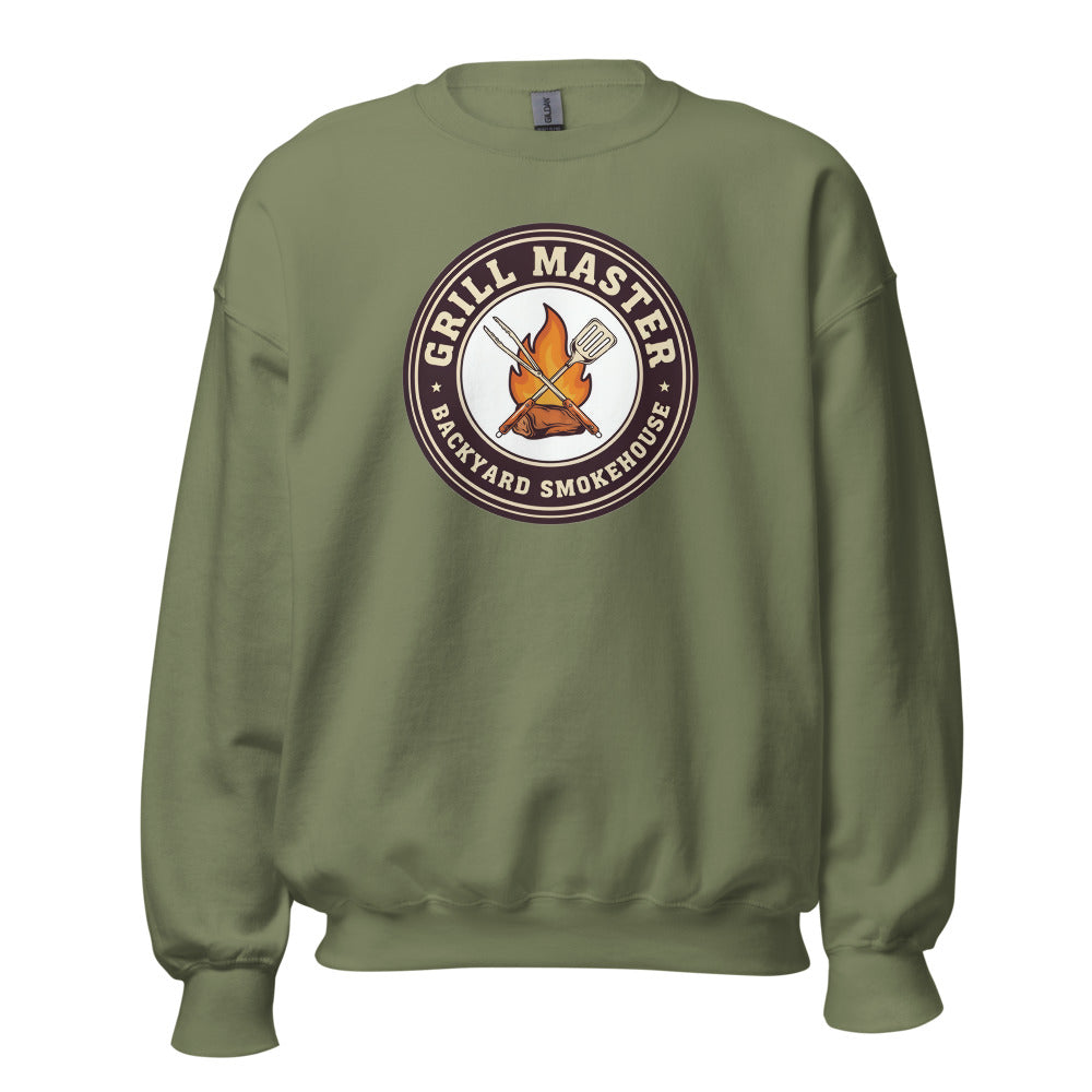 Grill Master retro backyard smokehouse crewneck sweatshirt — Military Green, front