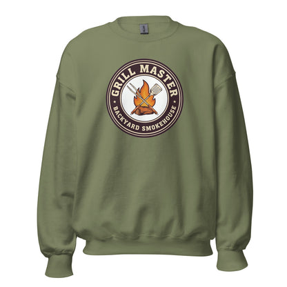 Grill Master retro backyard smokehouse crewneck sweatshirt — Military Green, front