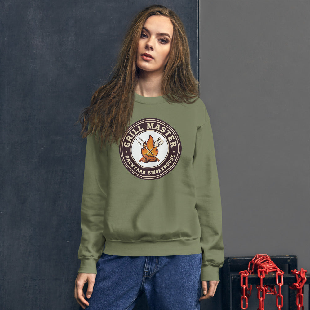 Grill Master retro backyard smokehouse crewneck sweatshirt — Military Green, on model
