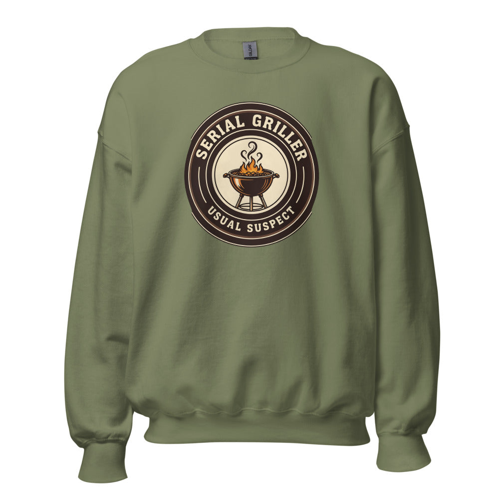 Serial Griller funny BBQ crewneck sweatshirt — Military Green, front