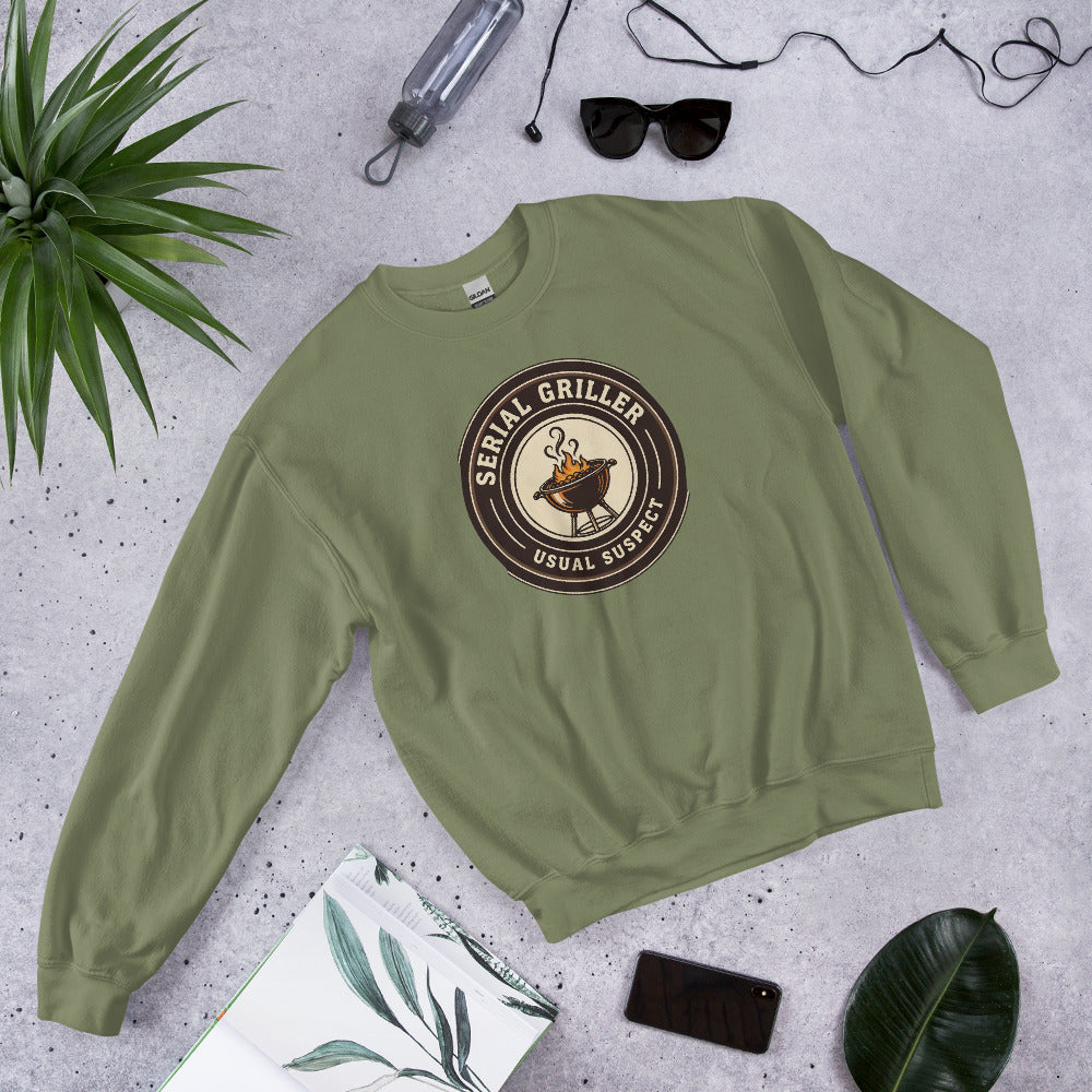 Serial Griller funny BBQ crewneck sweatshirt — Military Green, front-right