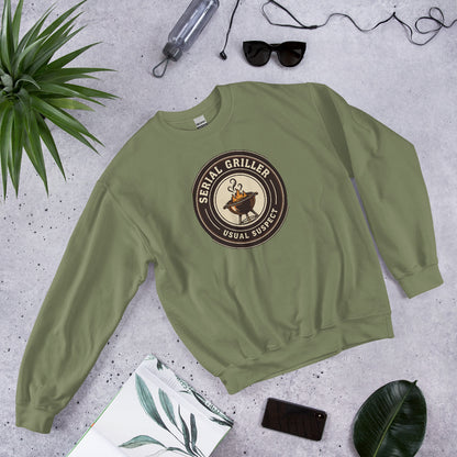Serial Griller funny BBQ crewneck sweatshirt — Military Green, front-right