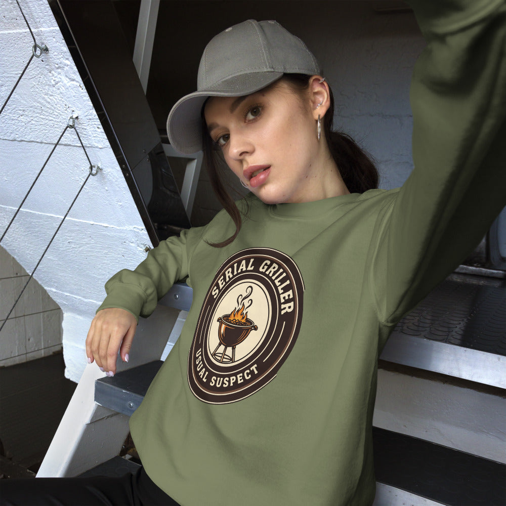 Serial Griller funny BBQ crewneck sweatshirt — Military Green, on model