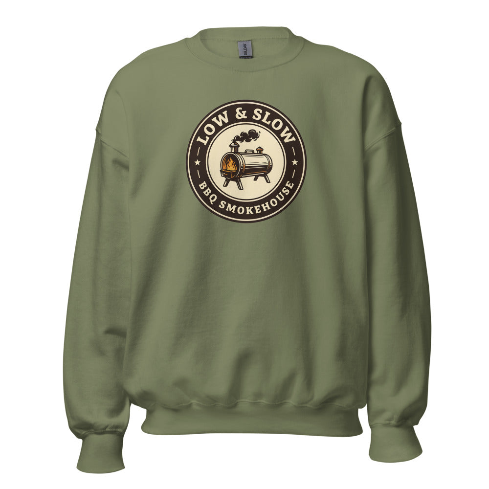 Low & Slow BBQ smoker crewneck sweatshirt — Military Green, front