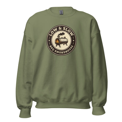 Low & Slow BBQ smoker crewneck sweatshirt — Military Green, front