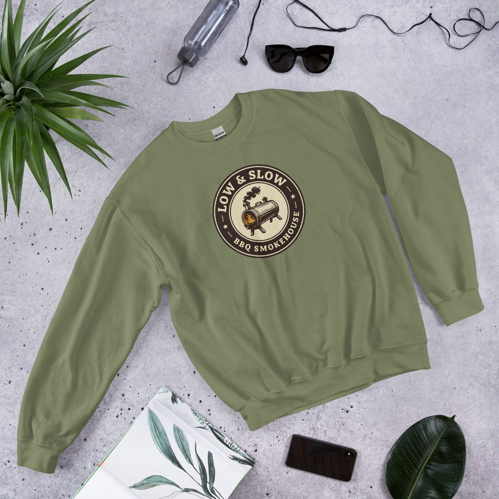 Low & Slow BBQ smoker crewneck sweatshirt — Military Green, front-right