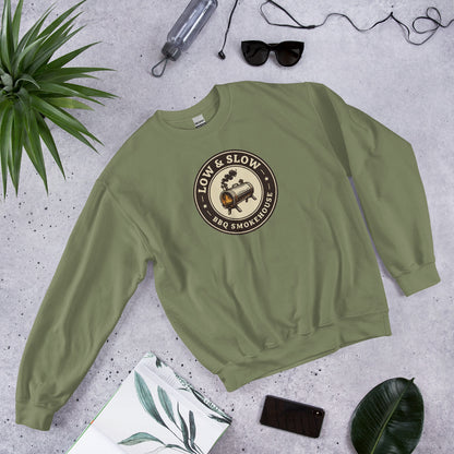 Low & Slow BBQ smoker crewneck sweatshirt — Military Green, front-right