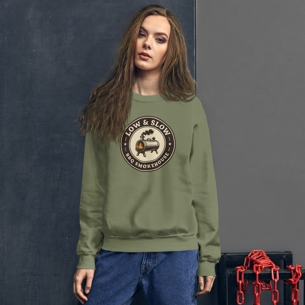 Low & Slow BBQ smoker crewneck sweatshirt — Military Green, on model