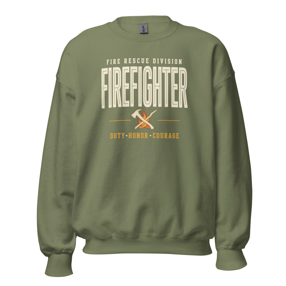 Firefighter collegiate wordmark retro fire-rescue crewneck sweatshirt — Military Green, front