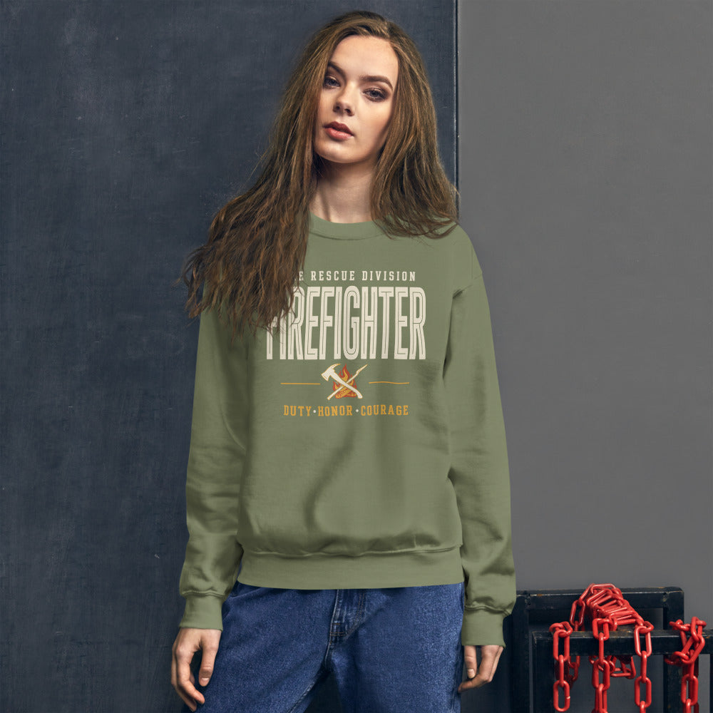 Firefighter collegiate wordmark retro fire-rescue crewneck sweatshirt — Military Green, on model