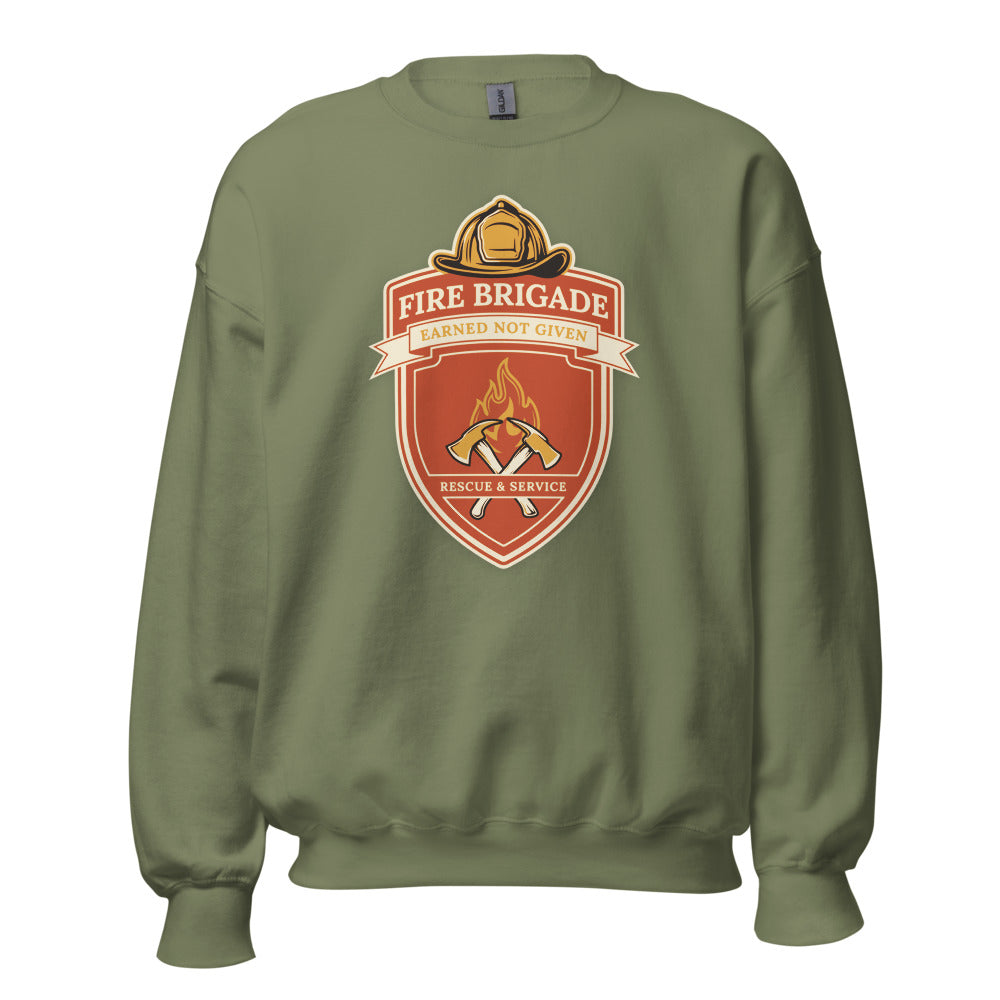 Fire Brigade Earned Not Given retro firefighter shield emblem crewneck sweatshirt — Military Green, front