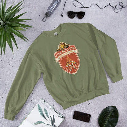 Fire Brigade Earned Not Given retro firefighter shield emblem crewneck sweatshirt — Military Green, front-right