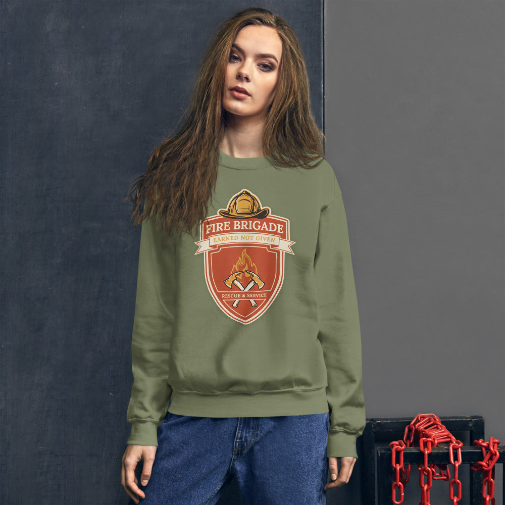 Fire Brigade Earned Not Given retro firefighter shield emblem crewneck sweatshirt — Military Green, on model