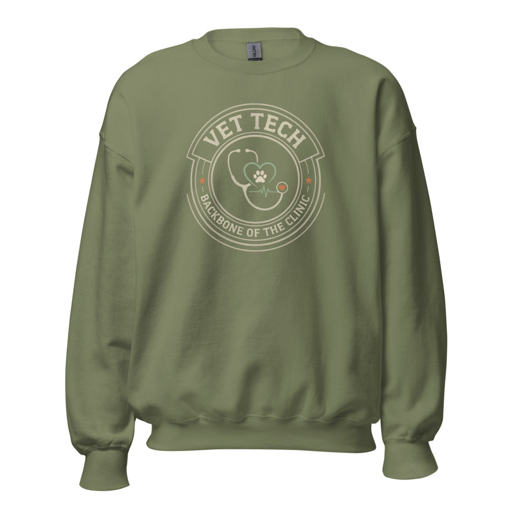 Vet Tech Crest retro veterinary technician crewneck sweatshirt — Military Green, front