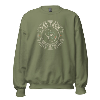Vet Tech Crest retro veterinary technician crewneck sweatshirt — Military Green, front