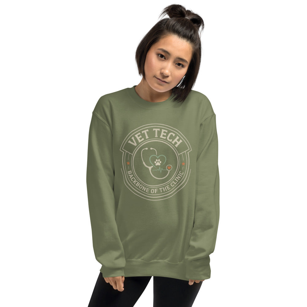 Vet Tech Crest retro veterinary technician crewneck sweatshirt — Military Green, on model