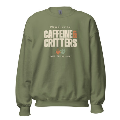 Powered by Caffeine & Critters funny vet tech crewneck sweatshirt — Military Green, front