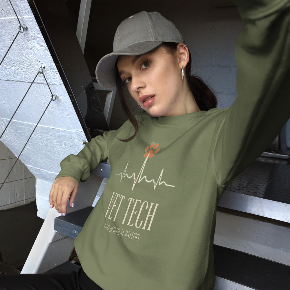 Every Heartbeat Matters minimalist vet tech crewneck sweatshirt — Military Green, on model