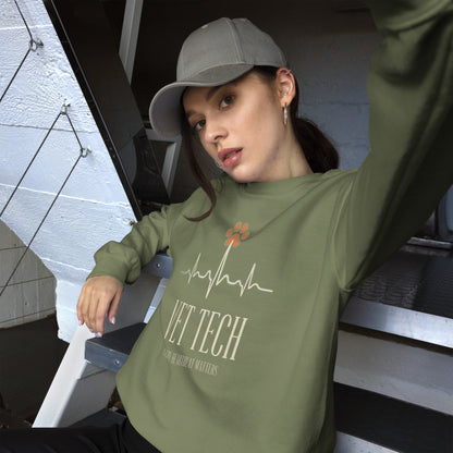 Every Heartbeat Matters minimalist vet tech crewneck sweatshirt — Military Green, on model