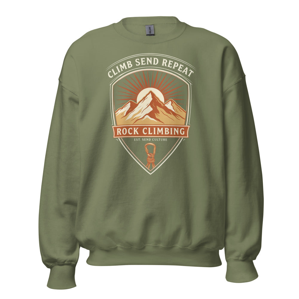 Climb Send Repeat mountaineering crest crewneck sweatshirt — Military Green, front
