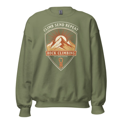 Climb Send Repeat mountaineering crest crewneck sweatshirt — Military Green, front