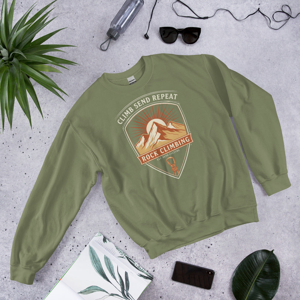 Climb Send Repeat mountaineering crest crewneck sweatshirt — Military Green, front-right