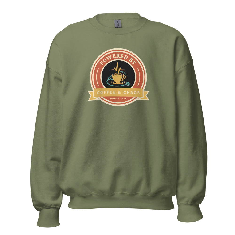 Powered by Coffee & Chaos retro nurse badge crewneck sweatshirt — Military Green, front