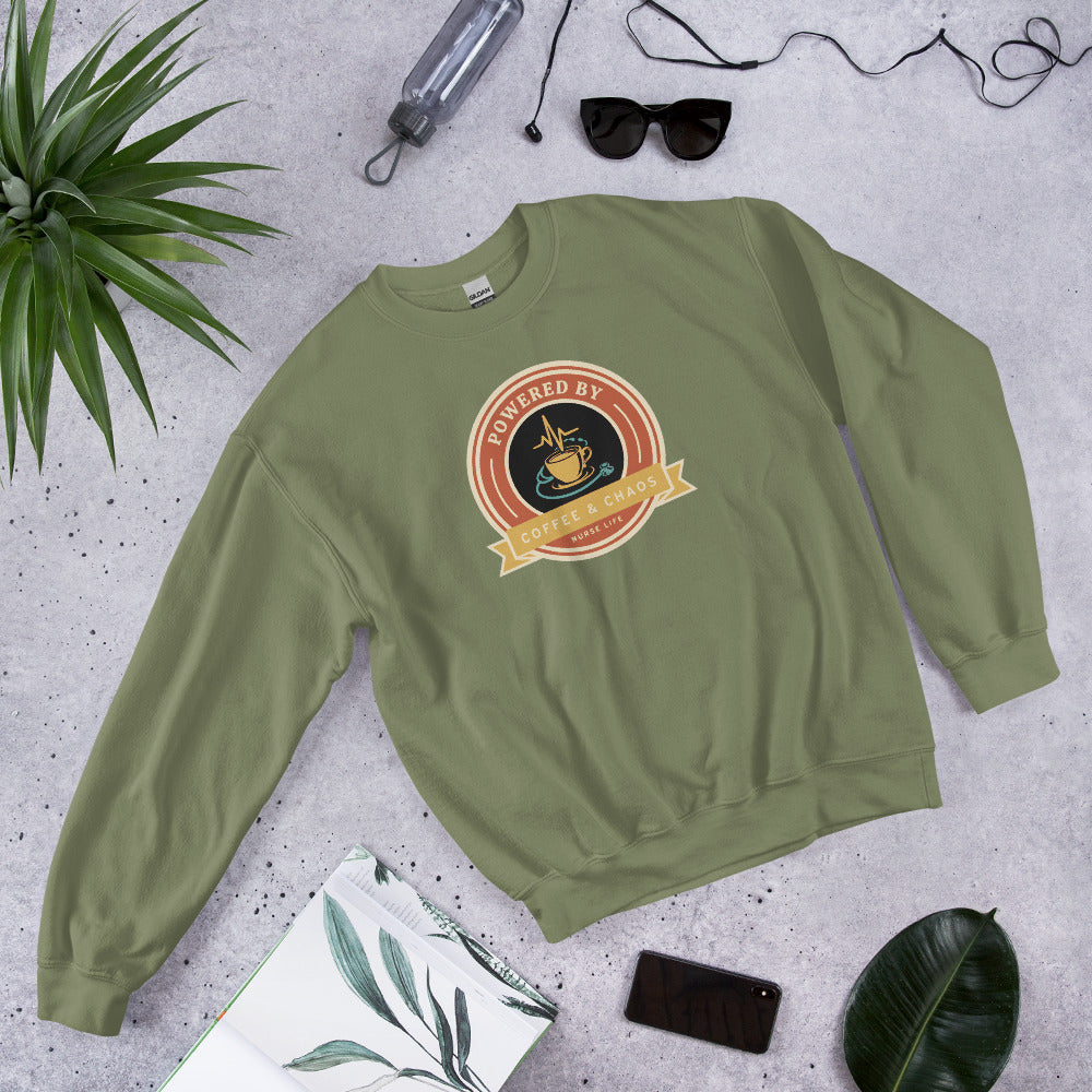 Powered by Coffee & Chaos retro nurse badge crewneck sweatshirt — Military Green, front-right