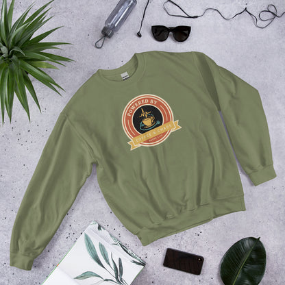 Powered by Coffee & Chaos retro nurse badge crewneck sweatshirt — Military Green, front-right