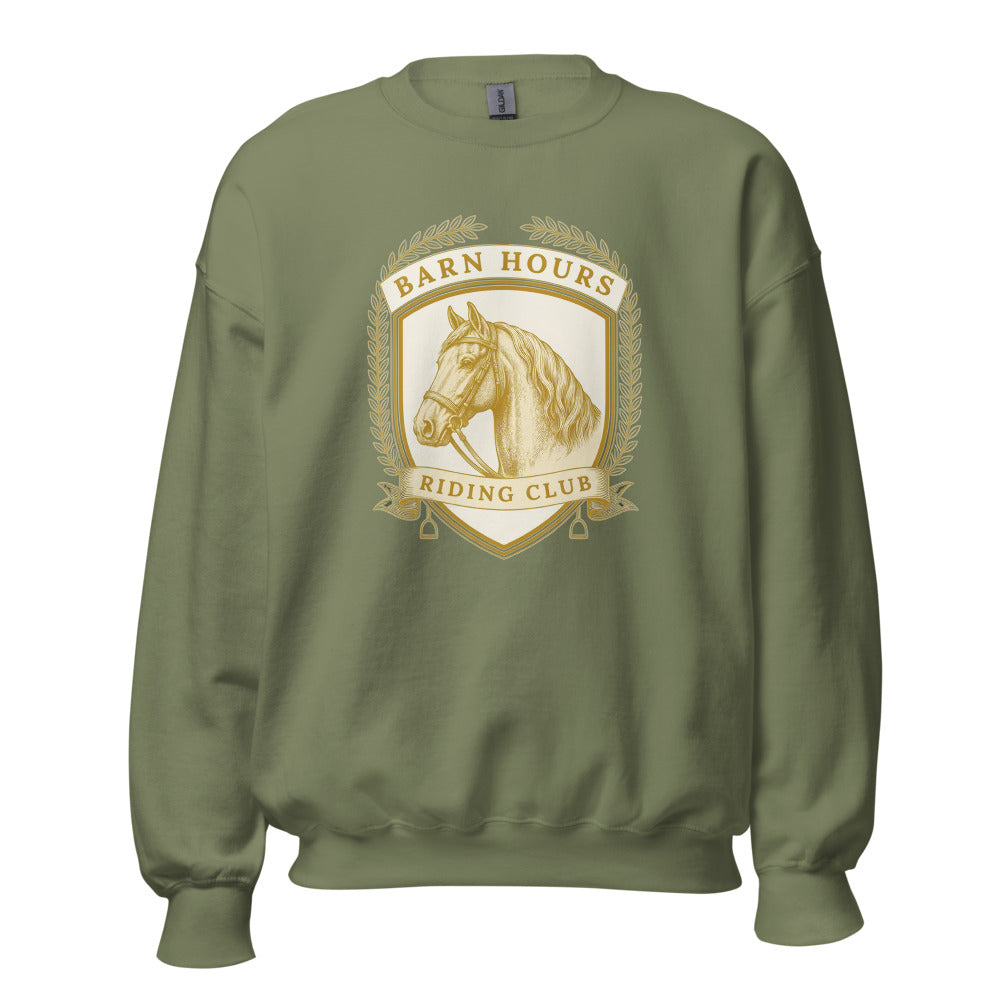 Barn Hours Riding Club vintage equestrian stable crest crewneck sweatshirt — Military Green, front