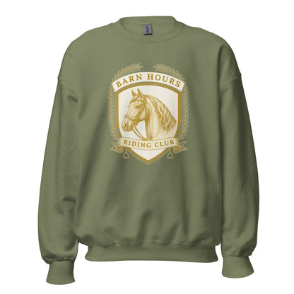 Barn Hours Riding Club vintage equestrian stable crest crewneck sweatshirt — Military Green, front
