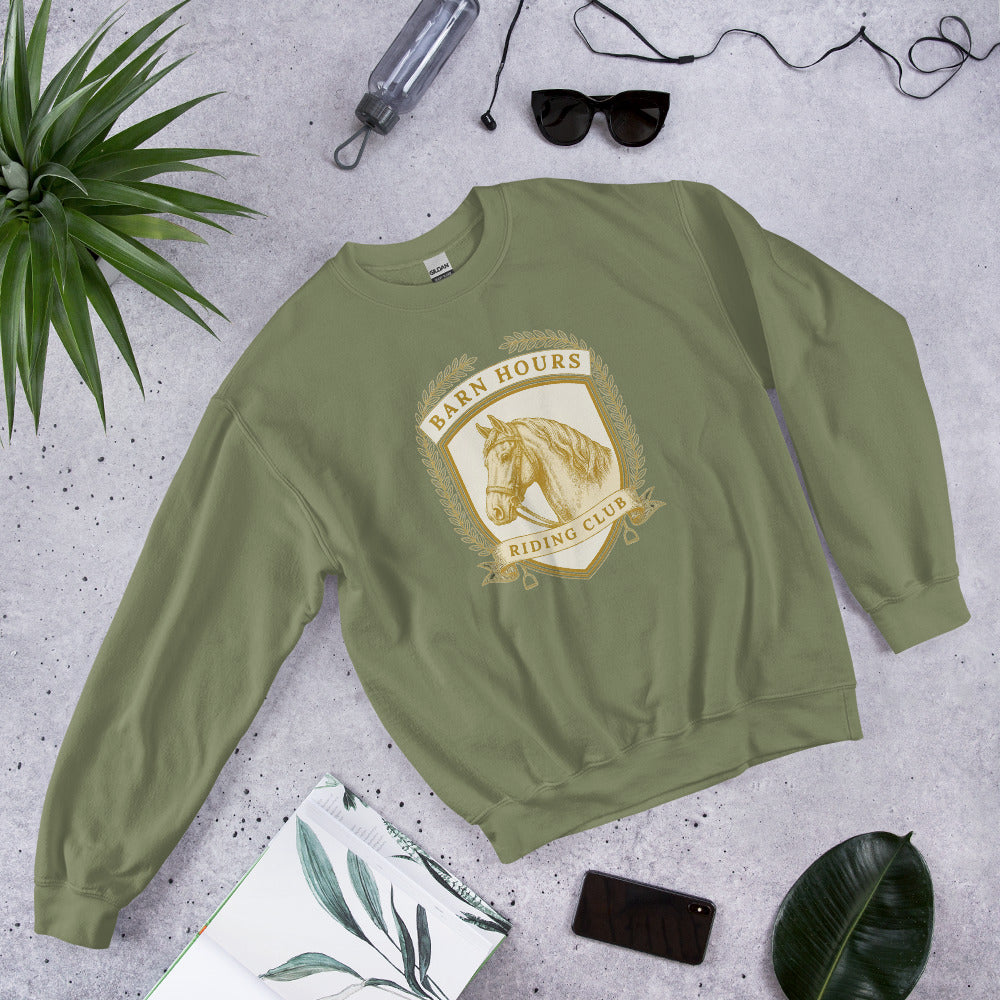 Barn Hours Riding Club vintage equestrian stable crest crewneck sweatshirt — Military Green, front-right