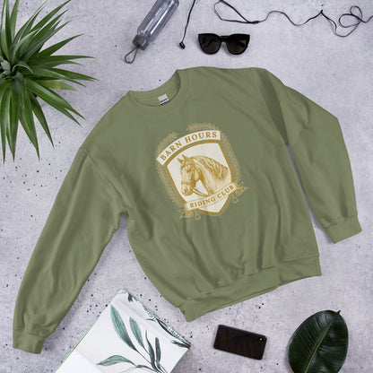 Barn Hours Riding Club vintage equestrian stable crest crewneck sweatshirt — Military Green, front-right