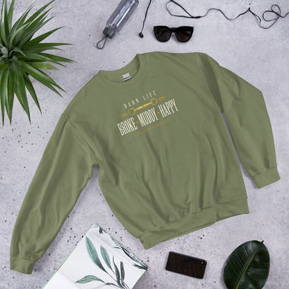 Broke Muddy Happy funny barn life equestrian crewneck sweatshirt — Military Green, front-right