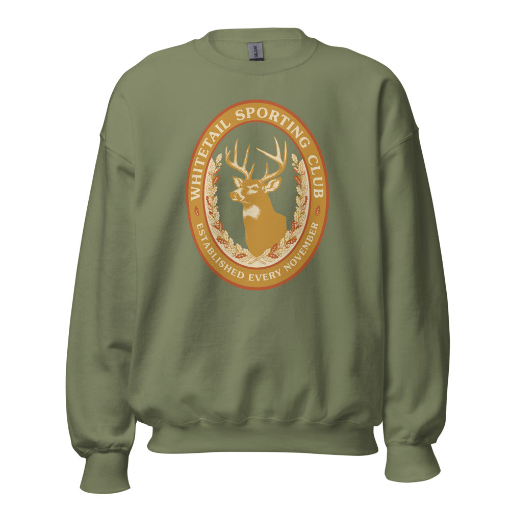 Whitetail Sporting Club vintage deer hunting crewneck sweatshirt — Military Green, front