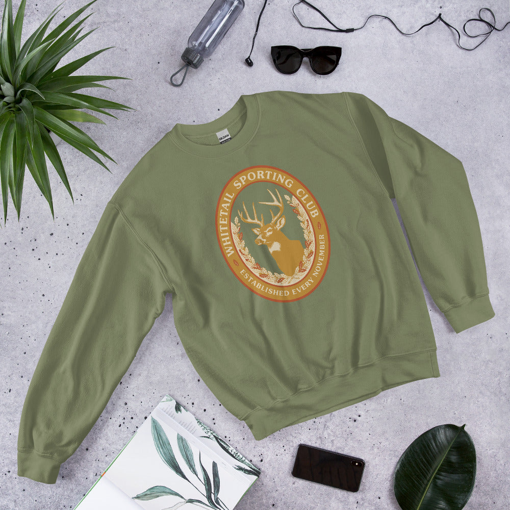 Whitetail Sporting Club vintage deer hunting crewneck sweatshirt — Military Green, front-right