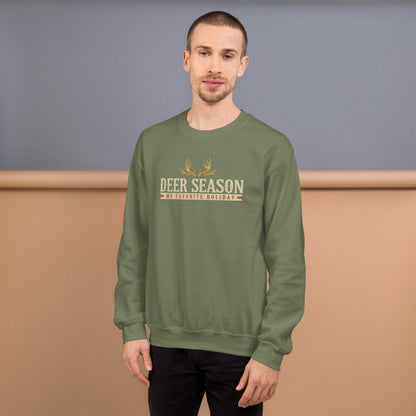 Deer Season My Favorite Holiday deer hunting crewneck sweatshirt — Military Green, on model