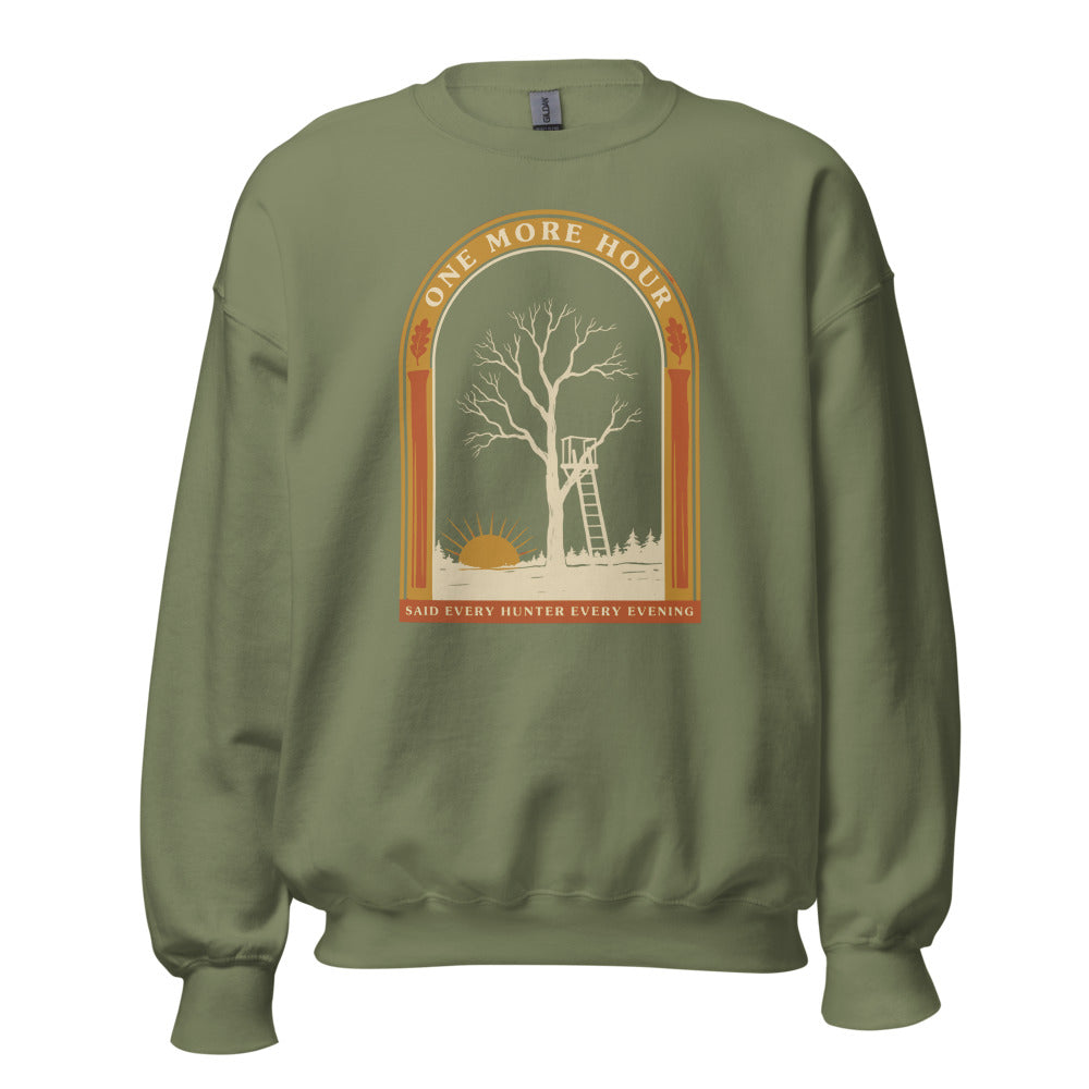 One More Hour funny deer hunting crewneck — Military Green, front