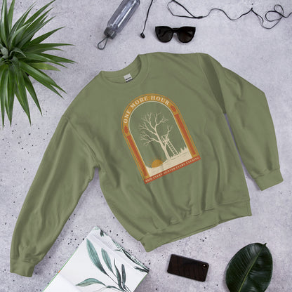 One More Hour funny deer hunting crewneck — Military Green, front-right