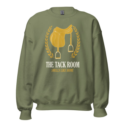 The Tack Room engraved equestrian saddle crest crewneck sweatshirt — Military Green, front