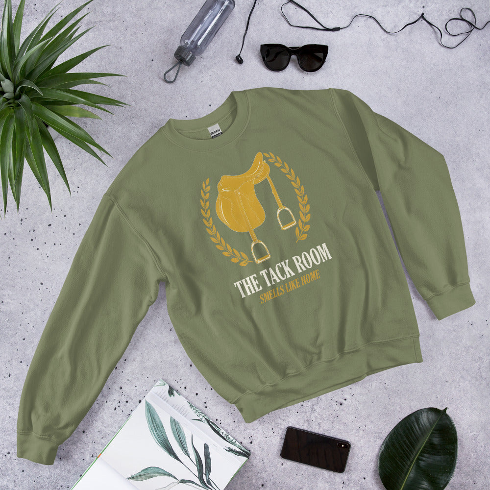 The Tack Room engraved equestrian saddle crest crewneck sweatshirt — Military Green, flat lay
