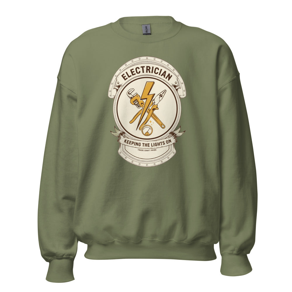 Electrician Journeyman trade crest crewneck — Military Green, front