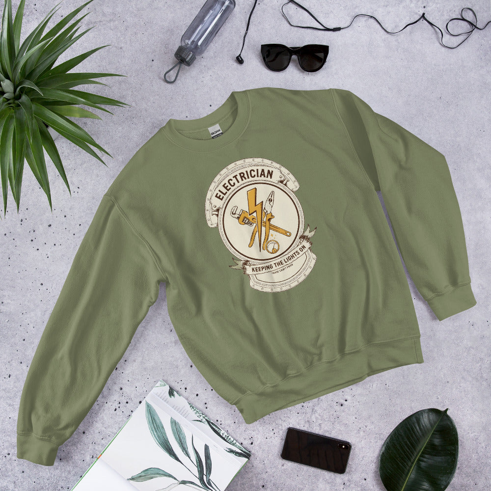 Electrician Journeyman trade crest crewneck — Military Green, flat lay