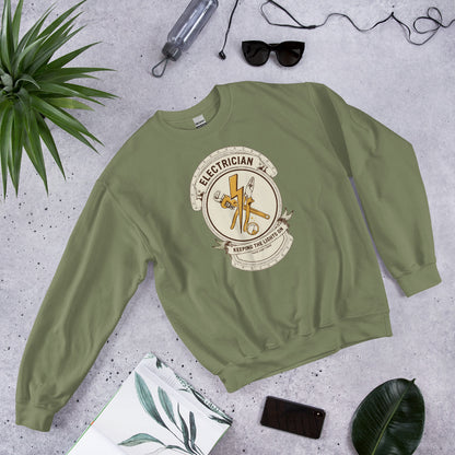 Electrician Journeyman trade crest crewneck — Military Green, flat lay