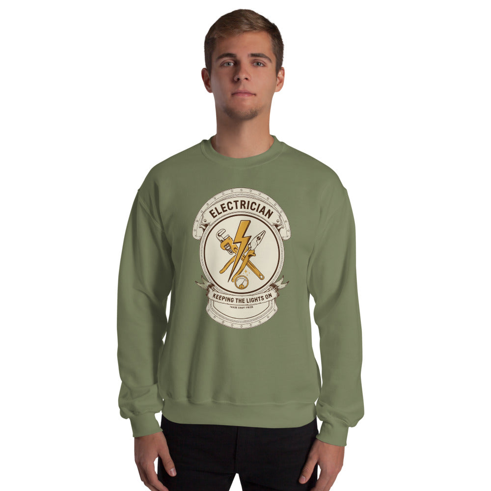 Electrician Journeyman trade crest crewneck — Military Green, on model