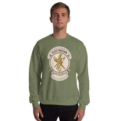 Electrician Journeyman trade crest crewneck — Military Green, on model